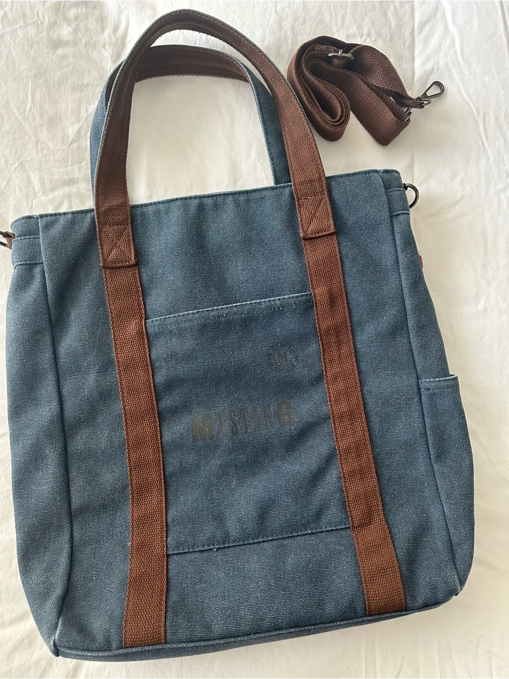 Canvas Messenger Tote in Blue with Brown Straps